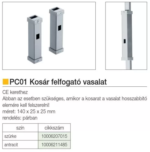 FOREST PC01 KOSÁR FELFOGATÓ VASALAT, 125 x 25 x 25 mm, szürke