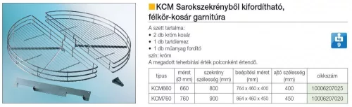 FOREST KCM KOSÁR GARNITÚRA, félkör, króm, sarokszekrényből kifordítható, 127 mm, 760 mm