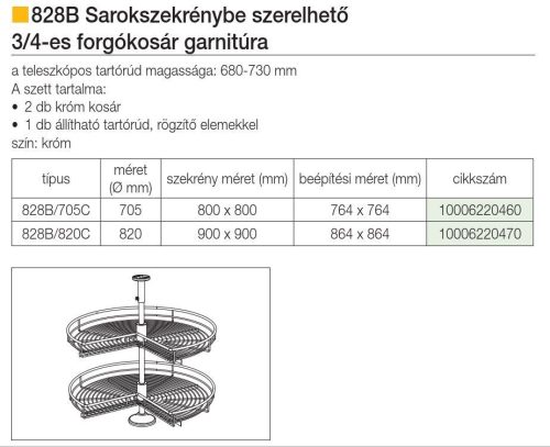 FOREST 828B FORGÓTÁNYÉR, 3/4, sarokszekrénybe szerelhető, króm, 820 mm