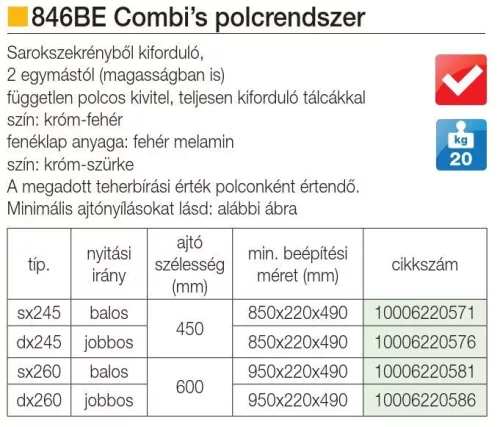 FOREST 846BE Combi's polcrendszer, króm-fehér, Balos, 450 mm, 850 x 220 x 490 mm