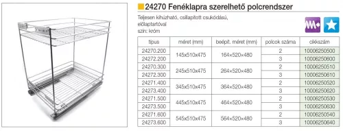 FOREST 24272.200 POLC, fenéklapra szerelhető, 3 részes, teljesen kihúzható, 145 x 510 x 475 mm, króm