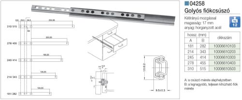 FOREST GOLYÓS FIÓKCSÚSZÓ 04258 , 12 kg, 17 mm, acél