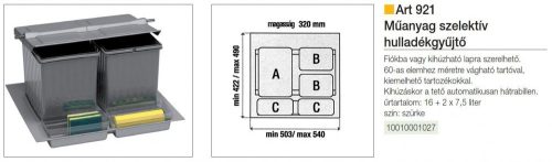 FOREST ART 921 SZELEKTÍV hulladékgyűjtő, 600 mm-es szekrényhez, 16 + 2 x 7,5 l, szürke
