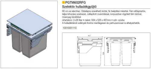 FOREST PGTM602RFG SZELEKTÍV hulladékgyűjtő, 400 mm-es szekrényhez, 2 x 36 l, szürke