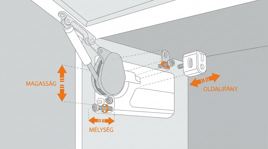 Technikai ábra, amely a felnyíló vasalat finomhangolási lehetőségeit mutatja be a három irányban: magasság, mélység és oldalirány.