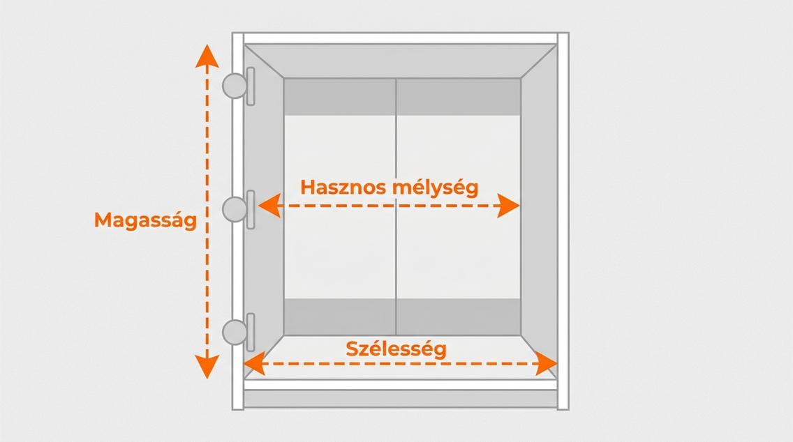 Infografika egy gardrób belső méreteinek helyes leméréséről: szélesség, magasság és hasznos mélység.