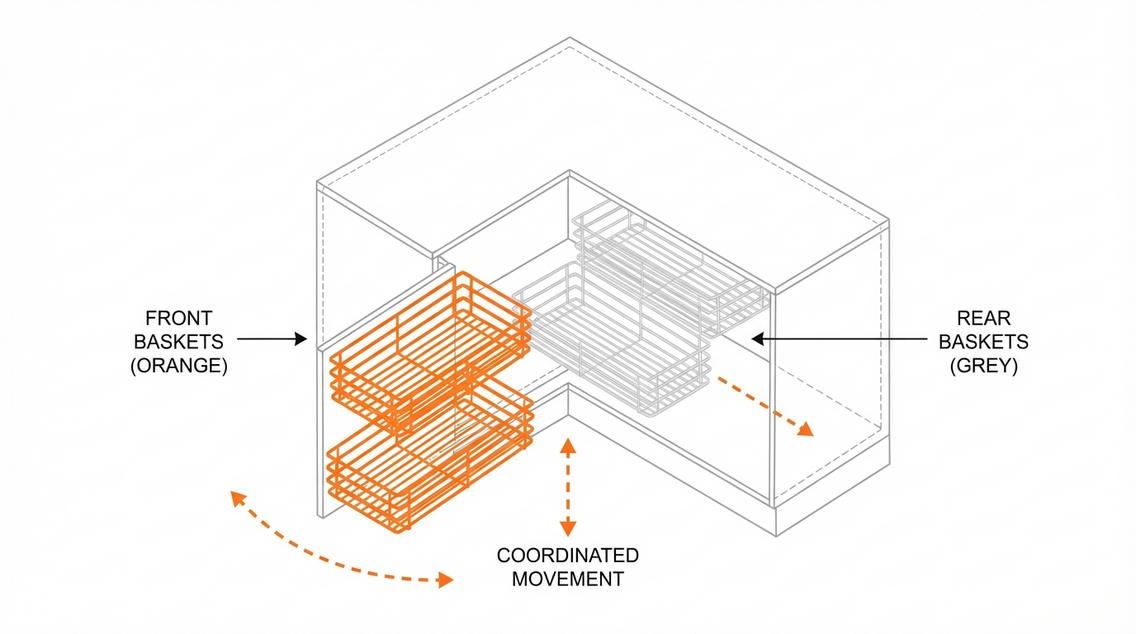 A Magic Corner mechanizmus működési elvét szemléltető diagram, amely megmutatja, hogyan csúsznak előre a hátsó kosarak, miközben az elsők kifordulnak.