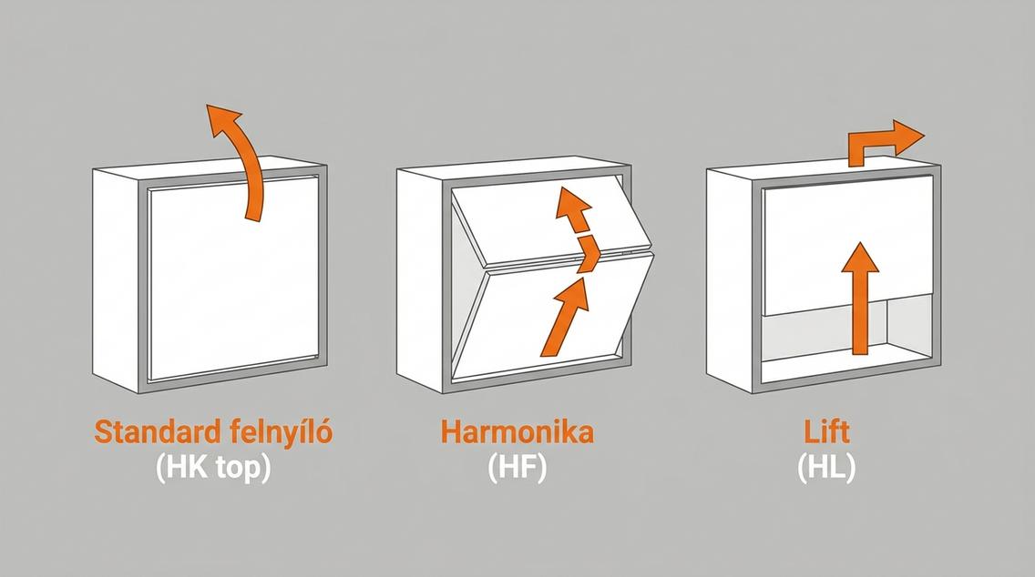 Infografika, amely a Blum AVENTOS felnyíló rendszerek három típusát mutatja be: standard (HK top), harmonika (HF) és lift (HL).
