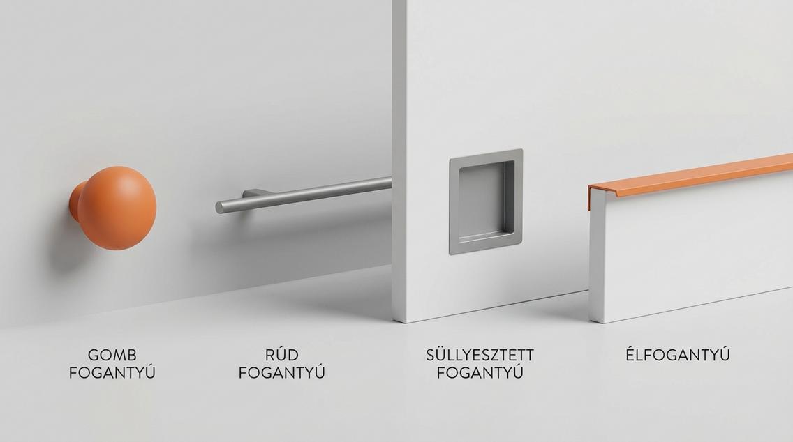 Bútorfogantyú típusok: Gomb, Rúd, Süllyesztett és Él