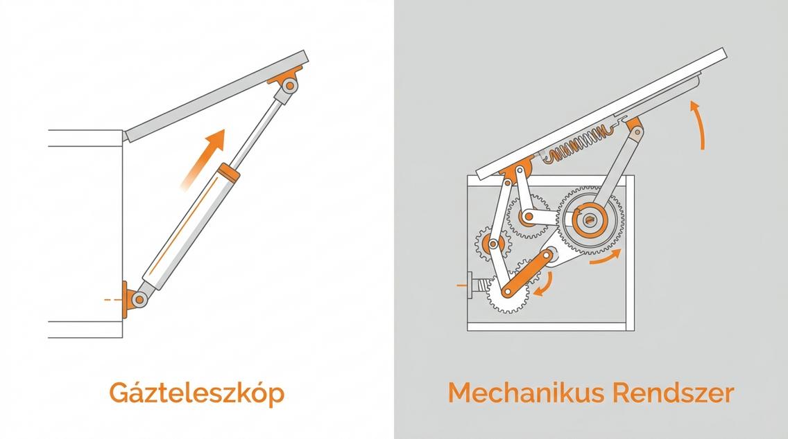 A gázteleszkópos és a mechanikus rendszerű felnyíló vasalatok összehasonlítása egy kettéosztott képernyős illusztráción, 'Gázteleszkóp' és 'Mechanikus Rendszer' feliratokkal.