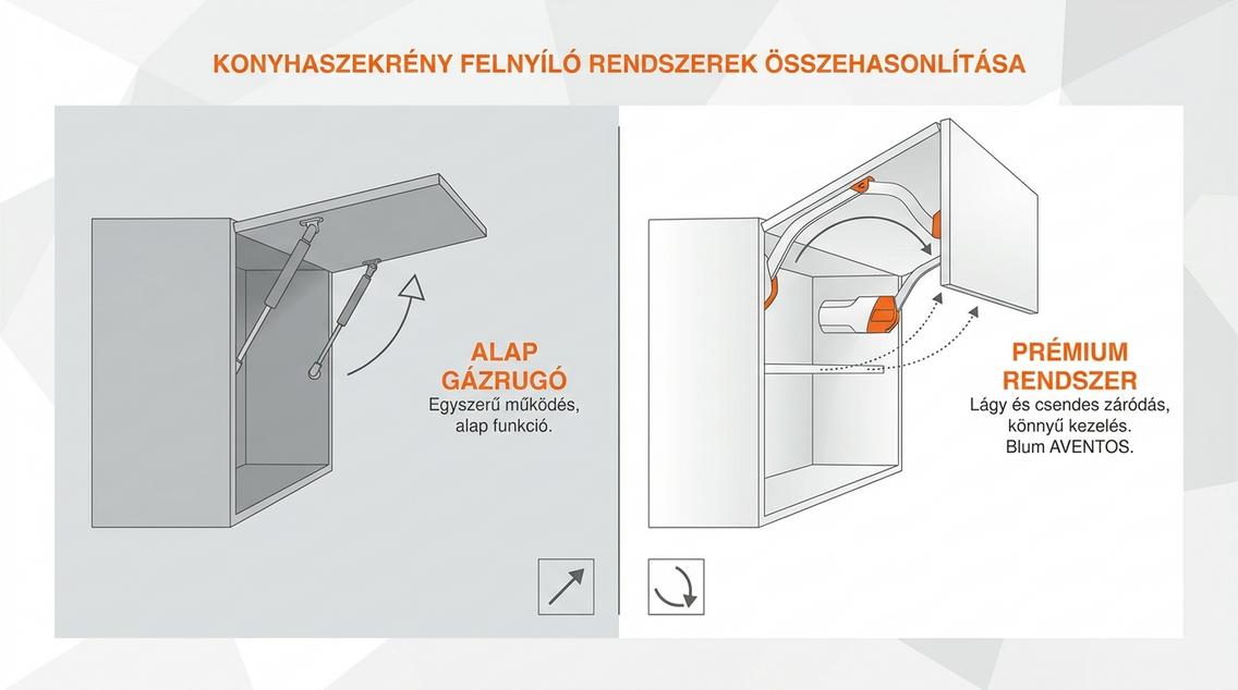 Összehasonlító ábra, amely egy alap gázrugós és egy prémium felnyíló vasalat rendszer működését mutatja be szekrényeken.