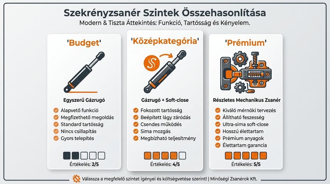 Infografika, amely összehasonlítja a 'Budget', 'Középkategória' és 'Prémium' kategóriájú felnyíló vasalatokat, ikonokkal és magyar nyelvű feliratokkal.