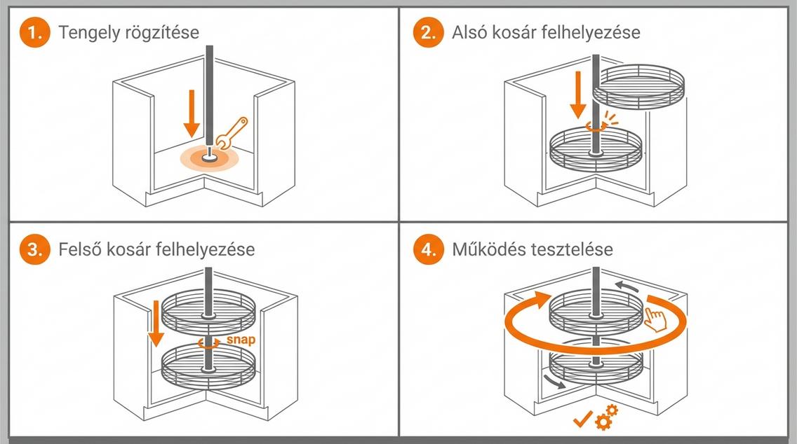 Négy lépéses infografika a forgókosár beszereléséről: tengely rögzítése, kosarak felhelyezése, és a működés tesztelése.