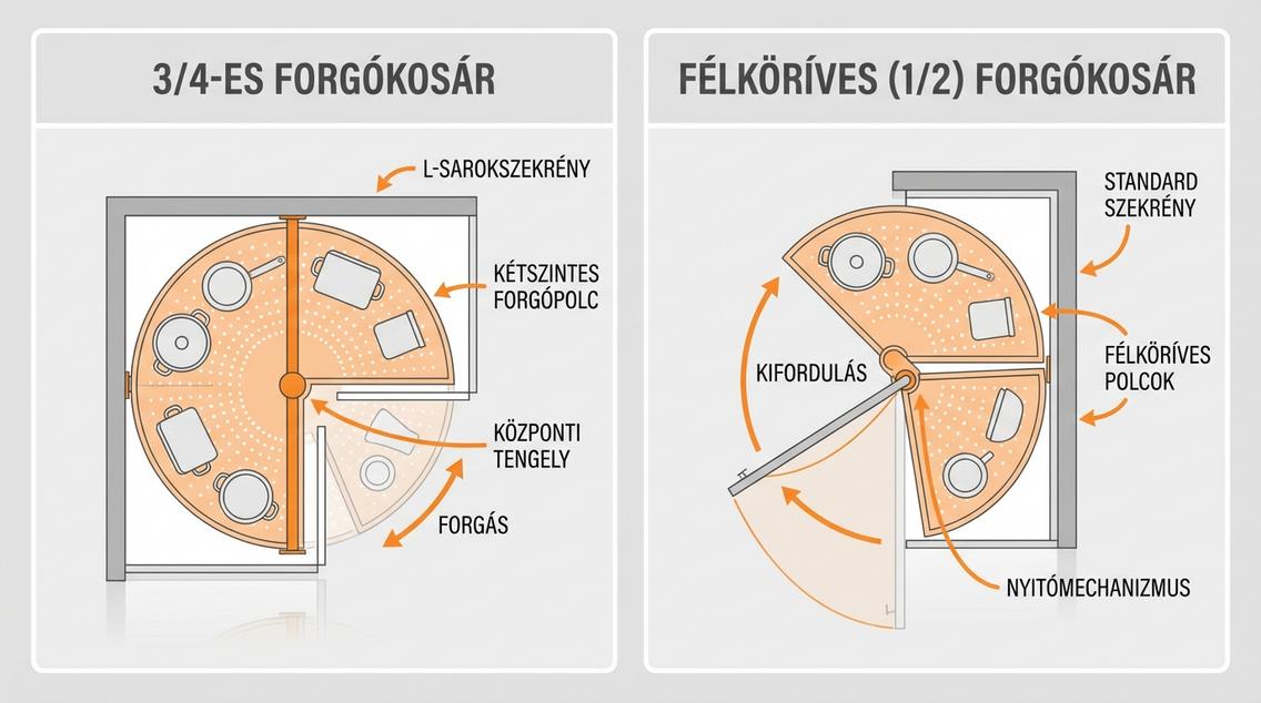 Infografika, ami összehasonlítja a 3/4-es és félköríves (1/2) forgókosár típusokat sarokszekrényekhez.