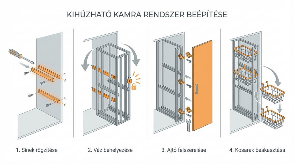 Négy lépéses infografika, amely bemutatja egy kamravasalat beszerelését: sínek rögzítése, váz behelyezése, ajtó felszerelése, és a kosarak beakasztása.