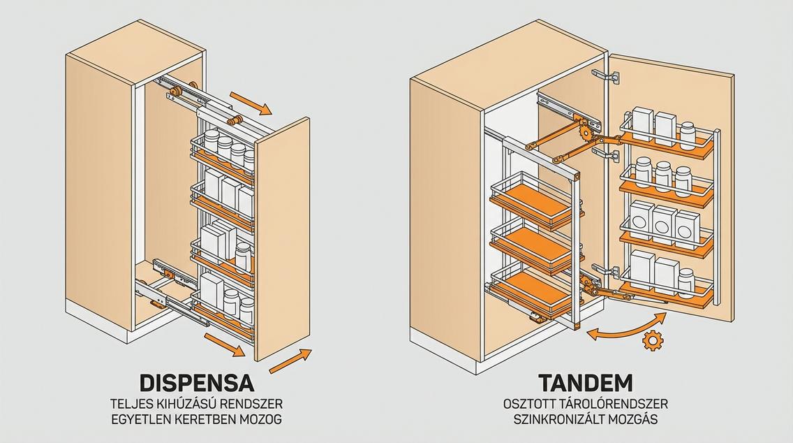 Összehasonlító infografika a Dispensa típusú kihúzható és a Tandem típusú kamravasalat rendszerekről.