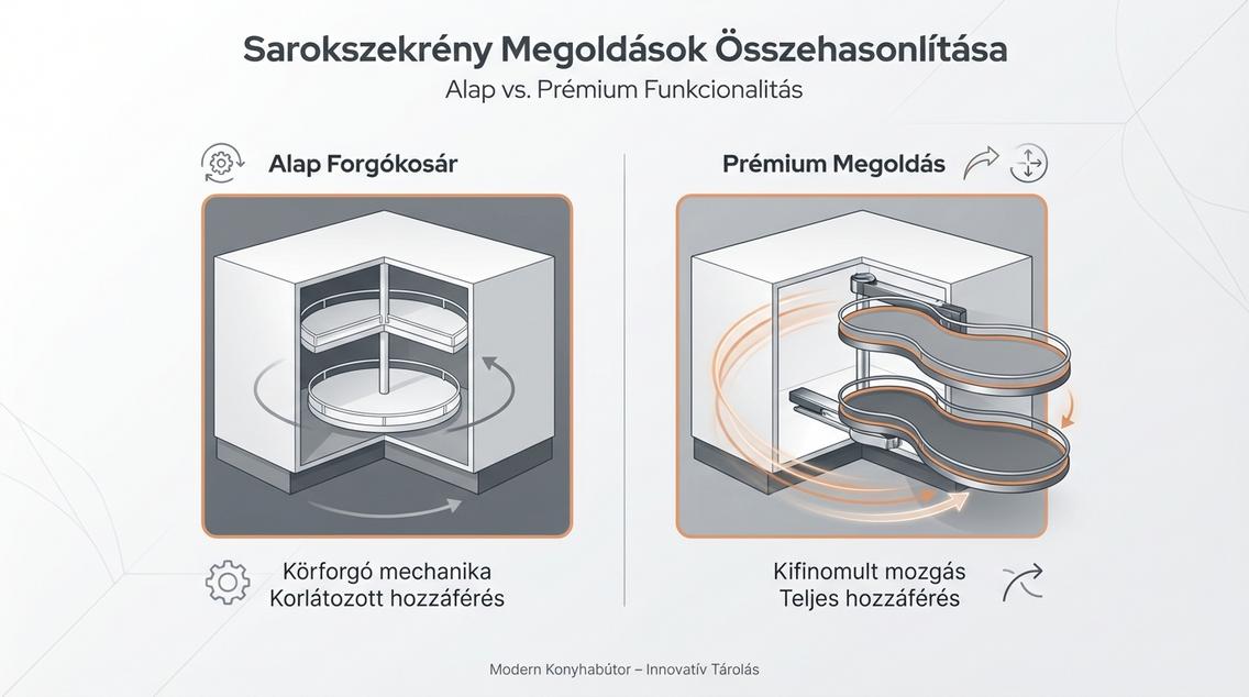 Összehasonlító grafika egy alap forgókosár és egy prémium, kiforduló LeMans vasalat között a sarokszekrényben.