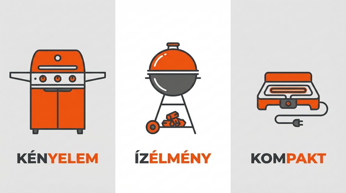 Különböző típusú kerti grillek, gáz, faszenes és elektromos modellek egymás mellett.