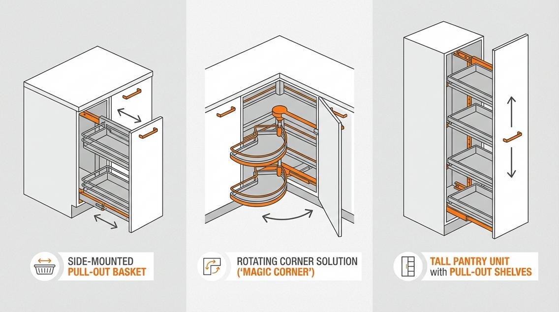 Infografika, amely bemutatja a különböző konyhai fémrács típusokat: oldalsó kihúzható kosár, sarokszekrény megoldás és kamravasalat.