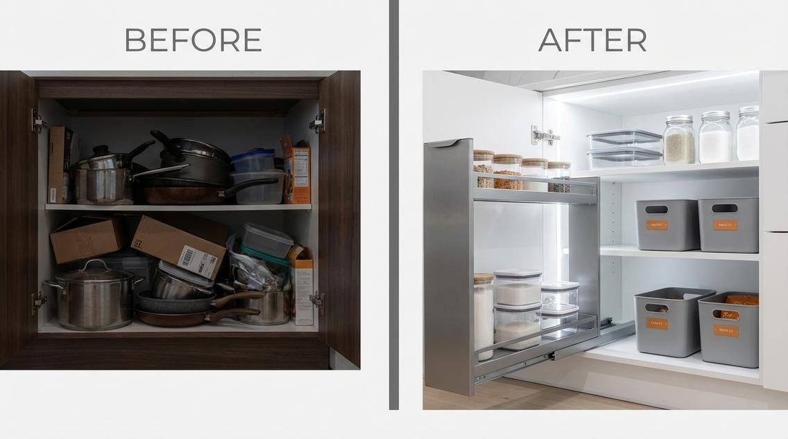 Előtte-utána kép egy konyhaszekrényről, amely a rendezetlen állapotot és a fémrácsokkal elért tökéletes rendet mutatja be.