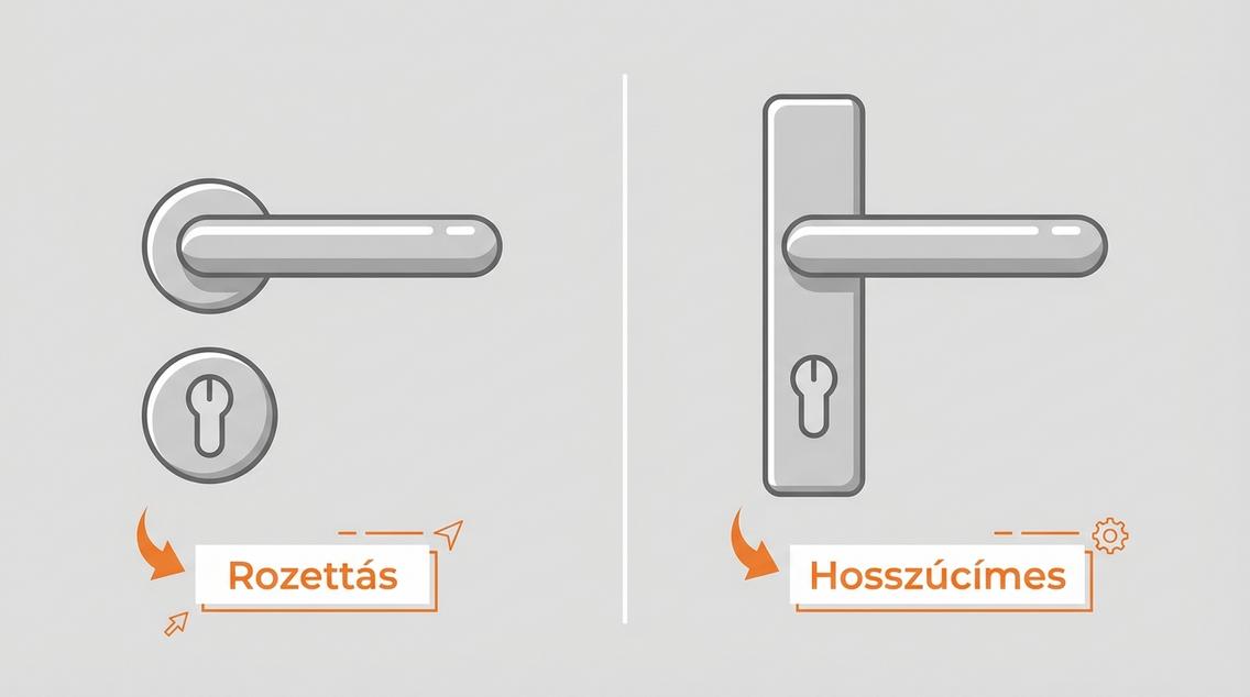 Rozettás és hosszúcímes ajtókilincs összehasonlítása egy ajtón.